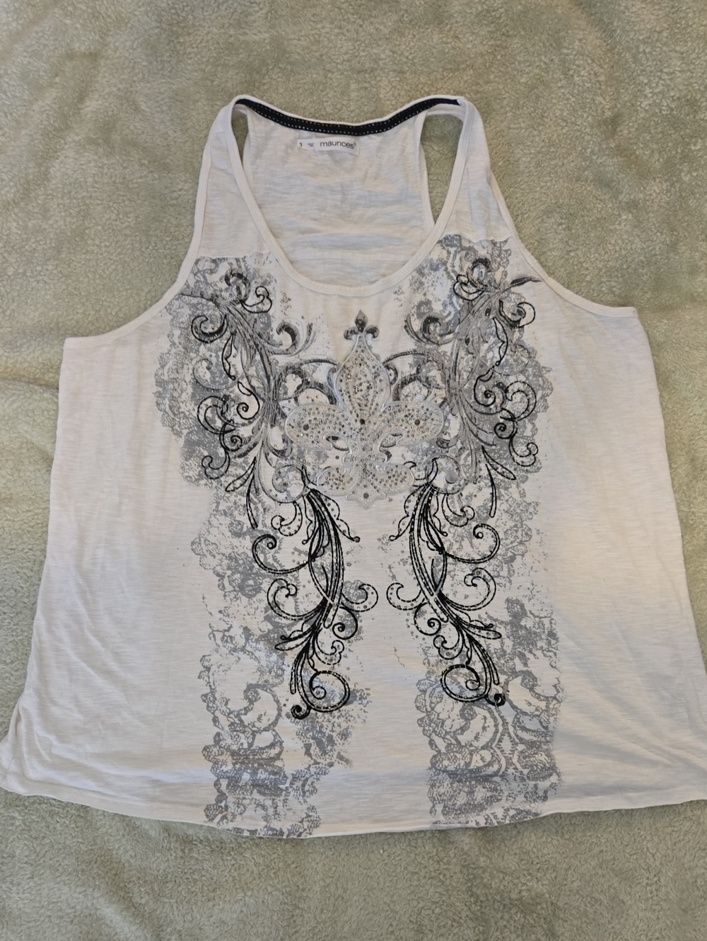 Maurices White Tank with Black and Gray Ornate Emblem